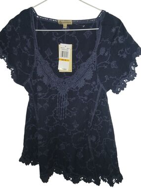 Democracy Navy Embroidered Lace-Trim Short Sleeve Top